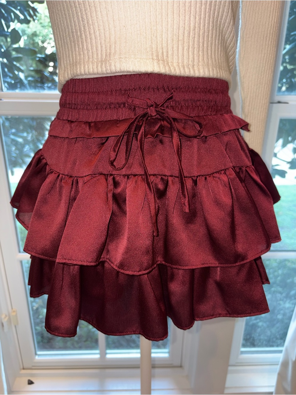 Tiered Ruffle Satin Mini Skirt - Burgundy
